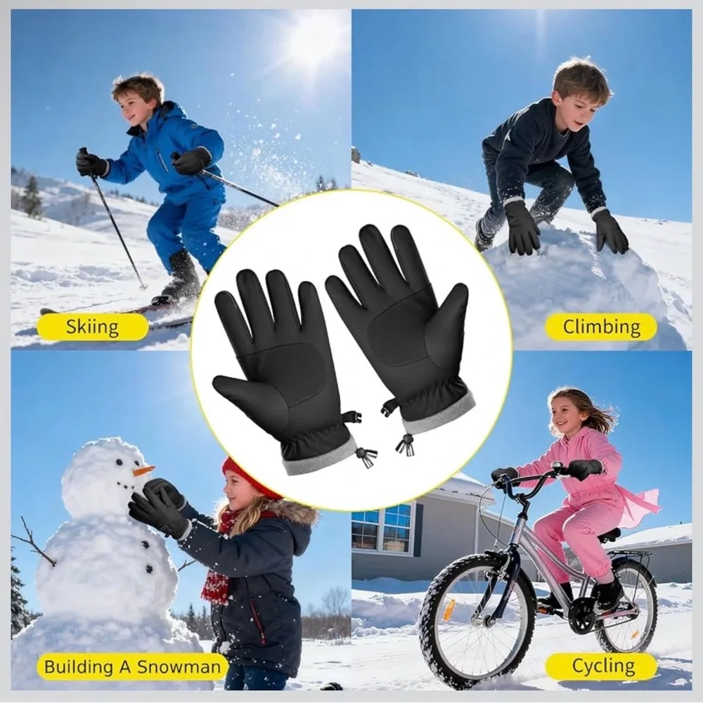 ihuan Black Kids Winter Gloves with Gray Cuffs Size Medium
